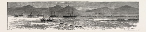 THE REBELLION IN THE SOUDAN (SUDAN): BRITISH TRANSPORTS AND WAR VESSELS AT TRINKITAT, DISEMBARKING