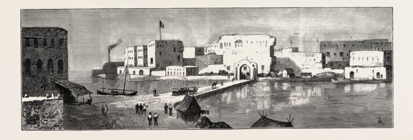 THE REBELLION IN THE SOUDAN (SUDAN): THE CAUSEWAY AT SUAKIM DEFENDED BY THE GUNS OF H.M.SS.