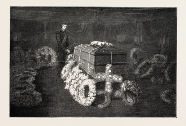 THE LATE DUKE OF ALBANY, THE ARRIVAL AT PORTSMOUTH, APRIL 4, 1884: THE MORTUARY CHAMBER ON BOARD