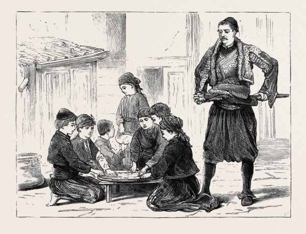 "UNDER CONSULAR PROTECTION," ORPHANS FROM BATAK PREPARING RICE FOR THEIR DINNER UNDER THE