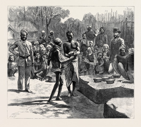 THE FAMINE IN THE MADRAS PRESIDENCY: THE RELIEF CAMP AT MONEGAR CHOULTRY, SERVING OUT BOILED RICE