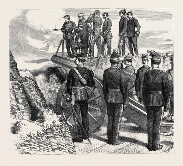 THE WAR IN THE EAST, CANNONADING AT KALAFAT: PRINCE CHARLES OF ROMANIA WATCHING THE EFFECT OF THE