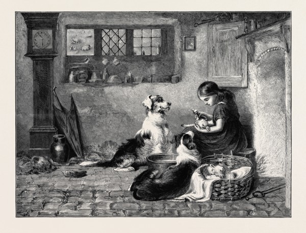 THE ORPHANS, A DRAWING BY BRITON RIVIERE IN THE DUDLEY GALLERY, 1870