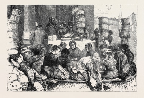 EARLY MORNING IN COVENT GARDEN MARKET, SHELLING PEAS, LONDON, 1870