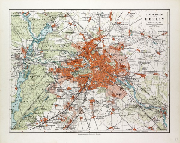 MAP OF BERLIN AND THE SURROUNDING AREA, GERMANY, 1899