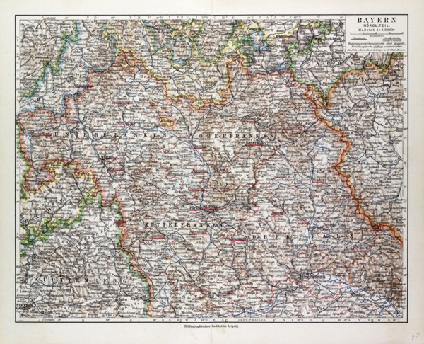 MAP OF THE NORTHERN PART OF BAVARIA, GERMANY, 1899