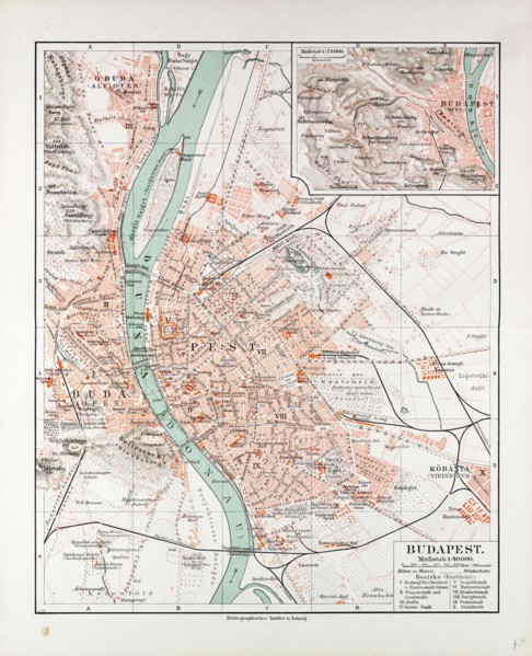 MAP OF BUDAPEST, HUNGARY, 1899