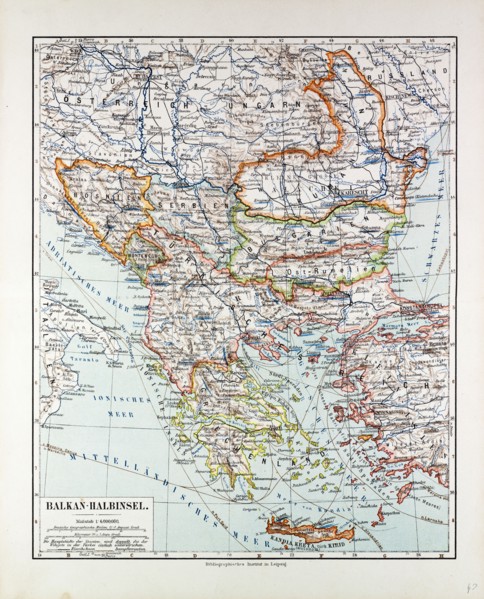 MAP OF AUSTRIA-HUNGARY, GREECE, SERBIA, BOSNIA AND HERZEGOVINA, ROMANIA, BULGARIA, MACEDONIA,