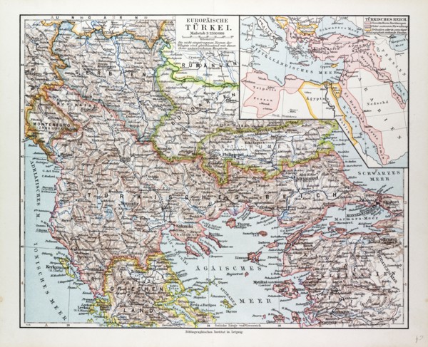 MAP OF MONTENEGRO, SERBIA, MACEDONIA, NORTHERN GREECE, BULGARIA, ALBANIA, WESTERN TURKEY, 1899