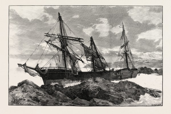 THE GREAT GALE AND SNOW STORM: WRECK OF THE BAY OF PANAMA, NEAR FALMOUTH, FROM A SKETCH EY H.S.