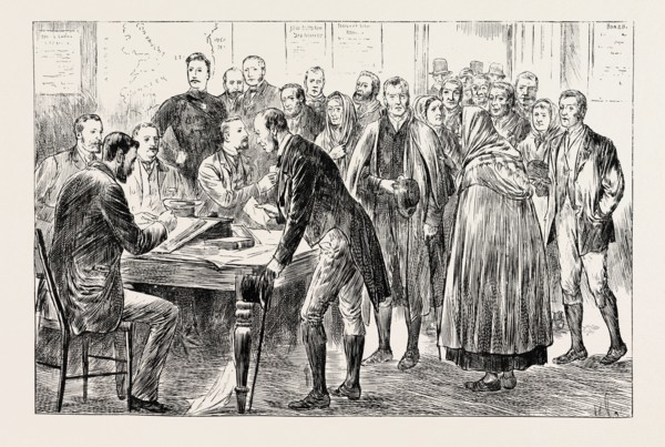 RELIEF OF IRISH DISTRESS: APPLYING FOR SEED POTATOES AT THE BOARD ROOM, CLONAKILTY UNION.
