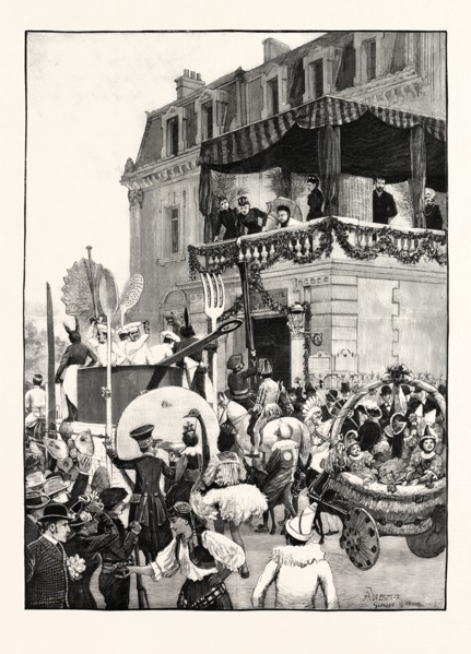 THE QUEEN AT GRASSE: BATTLE OF FLOWERS: CAVALCADE BEFORE THE GRAND HOTEL, PRINCESS BEATRICE GIVING