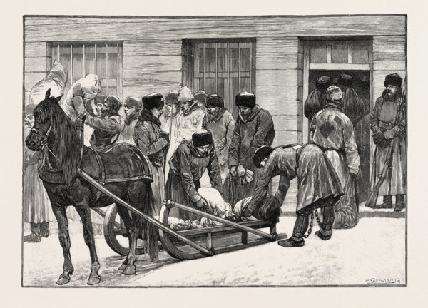SKETCHES IN SIBERIA, COURTYARD OF THE PRISON FOR CRIMINALS AT KRASNOIARSK: PRISONERS ON THEIR
