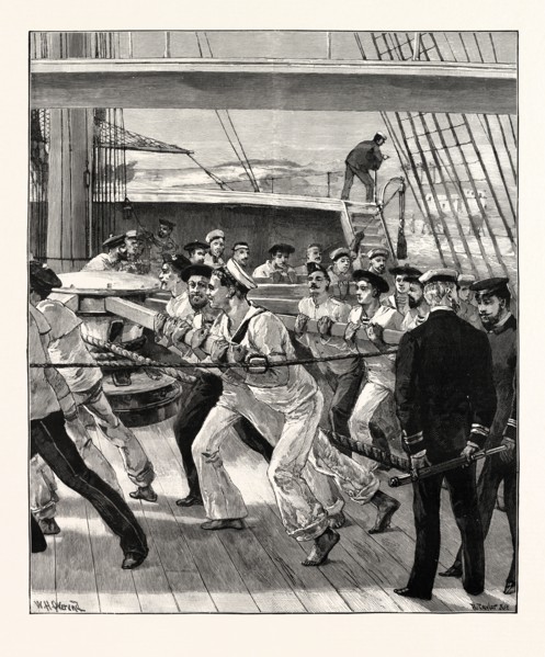 HEAVE TOGETHER! FRENCH AND ENGLISH SEAMEN ASSISTING A STRANDED FRENCH CRUISER.