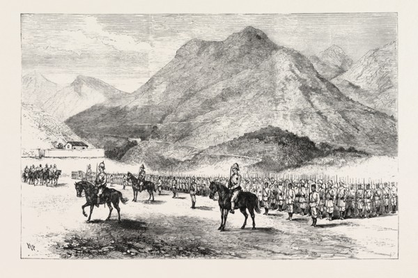 THE MANIPUR FIELD FORCE: INSPECTION PARADE OF THE KOHIMA COLUMN.