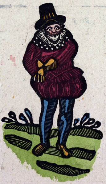 illustration of English tales, folk tales, and ballads. A man in colourful clothes reaching for
