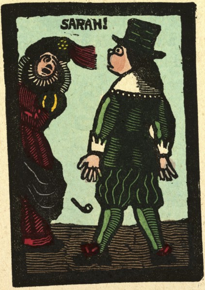 illustration of English tales, folk tales, and ballads. Sarah with a man. A pipe falling on the