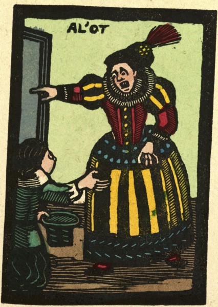 illustration of English tales, folk tales, and ballads. Woman with a beggar.
