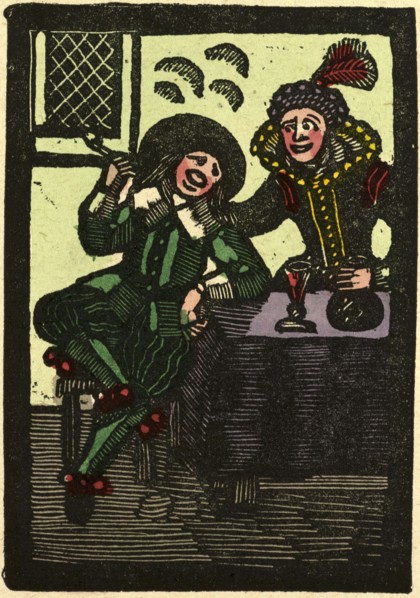 illustration of English tales, folk tales, and ballads. A glass of wine and a pipe. Man and woman.