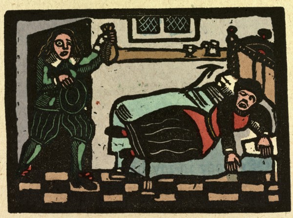 illustration of English tales, folk tales, and ballads. English room with a man and a woman.