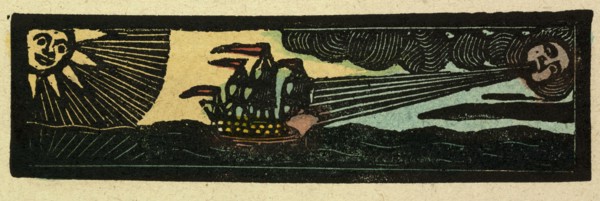 illustration of English tales, folk tales, and ballads. A ship being blown by the wind