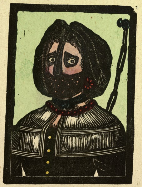 illustration of English tales, folk tales, and ballads. A frightened woman wearing a mask