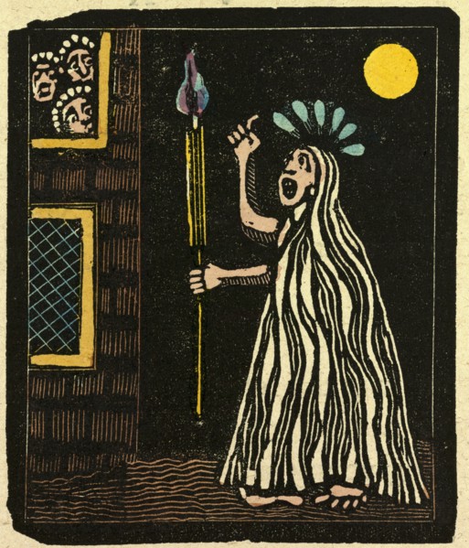 illustration of English tales, folk tales, and ballads. A person holding a torch at night