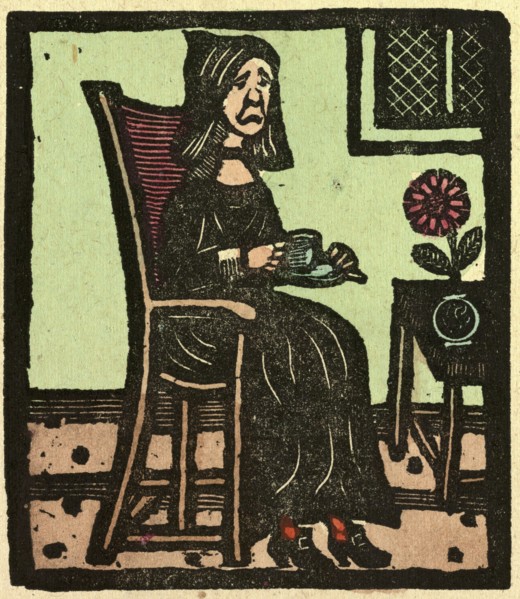 illustration of English tales, folk tales, and ballads. A woman drinking a cup of tea