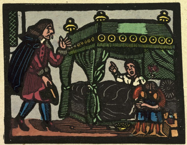 illustration of English tales, folk tales, and ballads. A man in tears being addressed by a woman