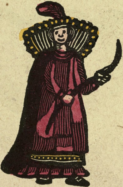 illustration of English tales, folk tales, and ballads. A woman wearing a red dress