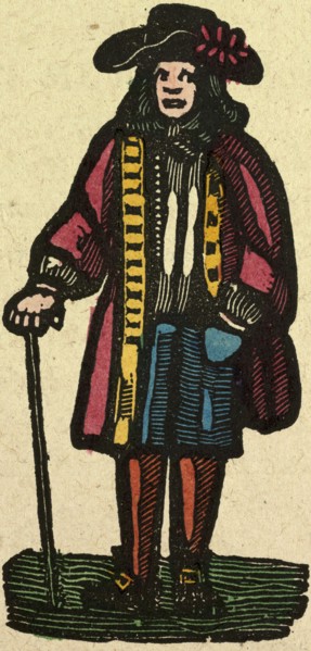 illustration of English tales, folk tales, and ballads. A man wearing colourful clothes holding a
