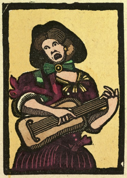 illustration of English tales, folk tales, and ballads. A woman playing a musical instrument