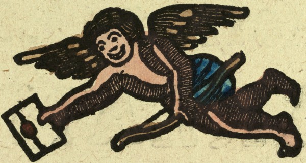 illustration of English tales, folk tales, and ballads. An angel with a bow carrying a letter