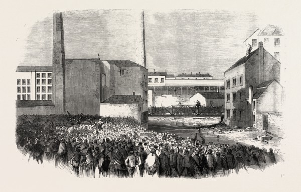 THE SOUTH LANCASHIRE TURN-OUT: CALLING OUT THE HANDS AT JOHNSON'S MILL, STALYBRIDGE.