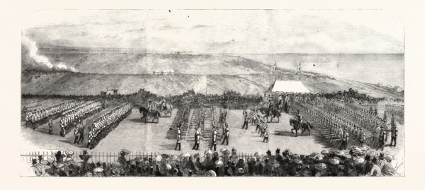 THE VOLUNTEER SHAM FGHT AT BRIGHTON ON EASIER MONDAY: VIEW FROM THE GRAND STAND, THE TROOPS