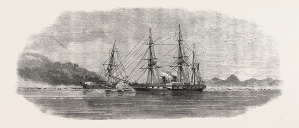 H.M.S. SIDON DESTROYING THE ENCHANTRESS, WRECKED ON A REEF OFF THE MAYOTTA ISLAND