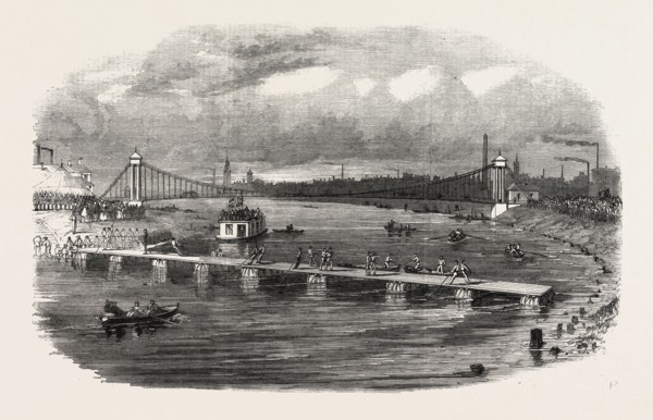VOLUNTEER MILITARY ENGINEERS AT GLASGOW CONSTRUCTING A PONTOON BRIDGE ON THE CLYDE, UK