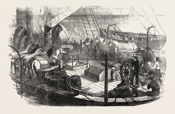 SHIPPING ARTILLERY HORSES, AT CALAIS, FOR THE FRENCH EXPEDITIONARY FORCE TO THE BALTIC, 1854