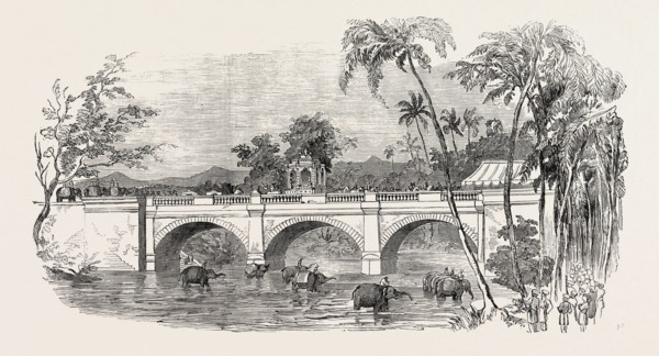 OPENING OF A NEW BRIDGE AT TRAVANCORE. THE RAJAH'S STATE PROCESSION, INDIA, 1854