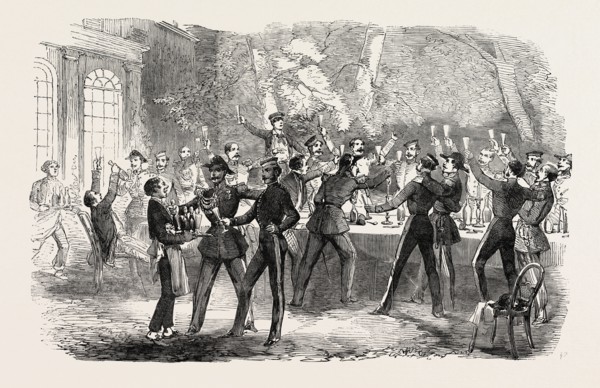 FRATERNIZATION OF THE BRITISH HORSE GUARDS AND THE FRENCH CENT GARDES, AT BOULOGNE, DRINKING HER