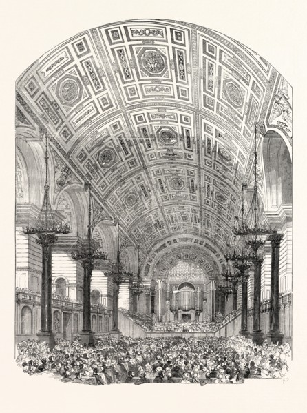 INTERIOR OF ST. GEORGE'S HALL, LIVERPOOL, FROM THE SOUTH, PERFORMANCE OF THE FIRST ORATORIO, 1854