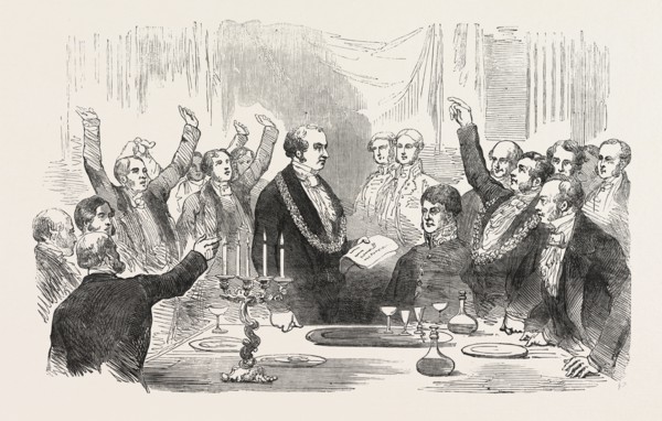 THE LORD MAYOR READING THE NEWS OF THE VICTORY ON THE ALMA, AT THE SHERIFFS' INAUGURATION DINNER,