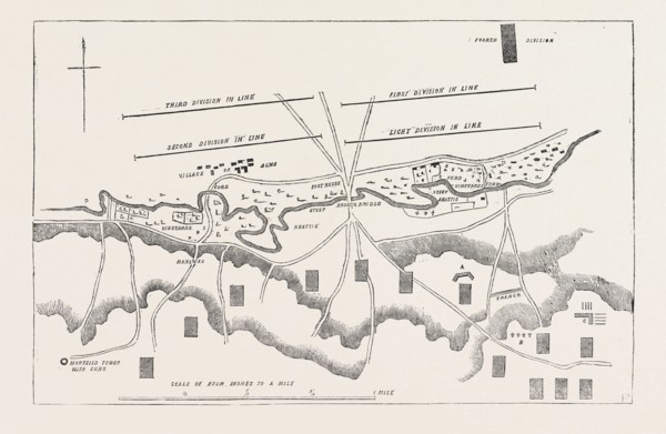 THE CRIMEAN WAR: OFFICIAL PLAN OF THE BATTLE OF THE ALMA, DISTRIBUTION OF THE BRITISH TROOPS AT THE