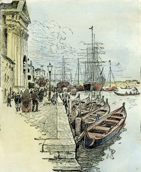 Venice, 1892, A ferry by Barca across the Giudecca, Italy