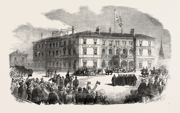 HER MAJESTY'S VISIT TO HULL AND GRIMSBY: THE QUEEN AT THE STATION HOTEL, AT HULL, 1854