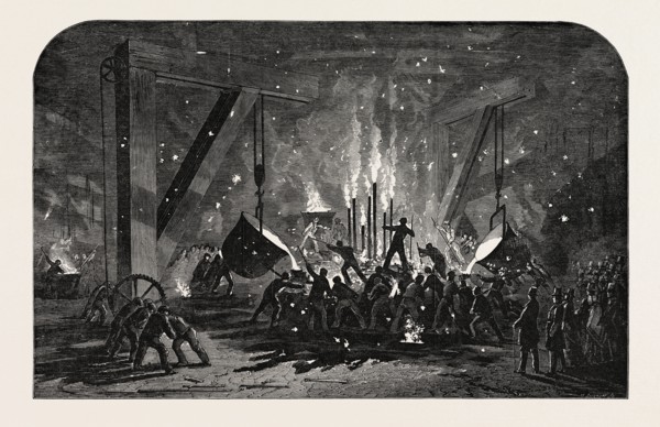 CASTING A MONSTER CYLINDER, AT MESSRS. SCOTT RUSSELL AND CO.'S BUILDING-YARD, MILLWALL, 1854. THE