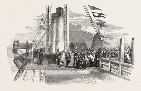 THE KING OF DENMARK VISITING MR. PETO ON BOARD THE CYGNUS., 1854