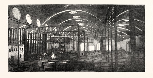 THE BROMBOROUGH POOL CANDLE-WORKS, INTERIOR VIEW UNDER THREE SPANS OF ROOF, 1854