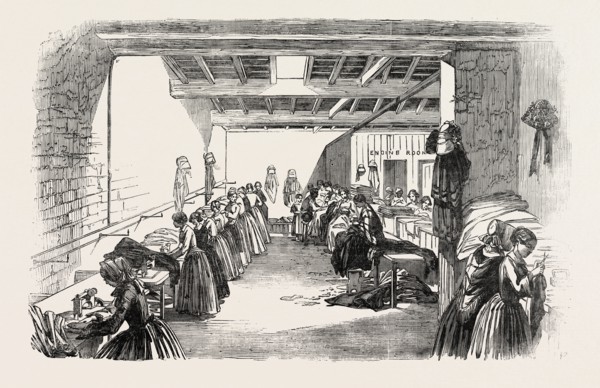 STEAM SEWING-MACHINES, 1854. A VIEW OF A PORTION OF THE MACHINE-ROOM IN MESSRS. HOLLOWAY AND CO.'S