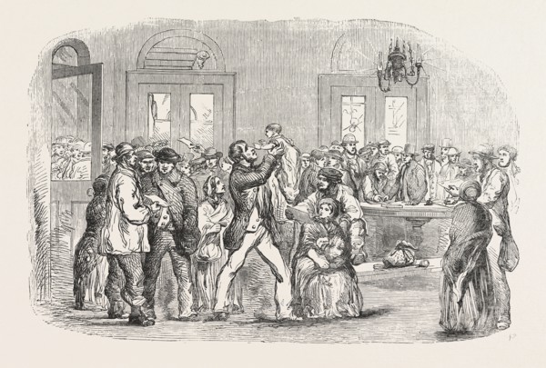 THE CRIMEAN WAR: NAVVIES LEAVING FOR THE CRIMEA AT THE NORTH-WESTERN RAILWAY TERMINUS, EUSTON